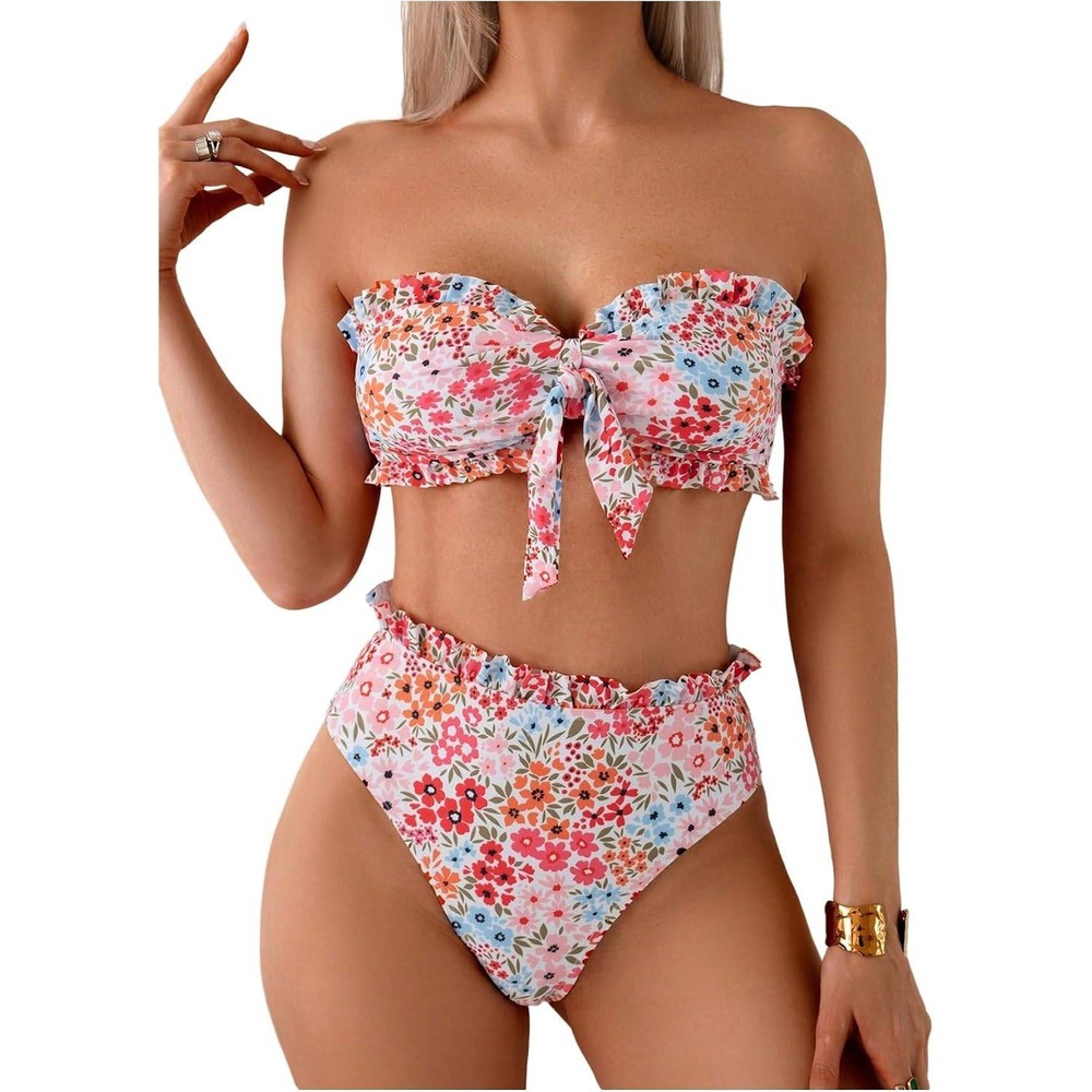 MSRP $44 SOLY HUX Women's M Floral Bandeau Bikini Set Tie Knot Front Frill